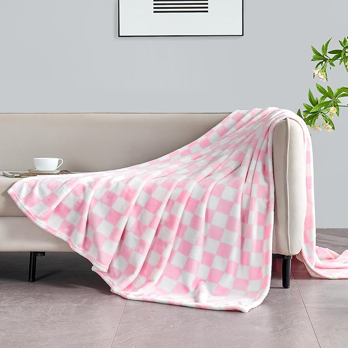 Pink Checkered Blanket, Ultra Soft Fleece Checkered Throw Blankets for Couch Bed and Travel, Luxury Throws for All Seasons, 60x80 Inch, Pink