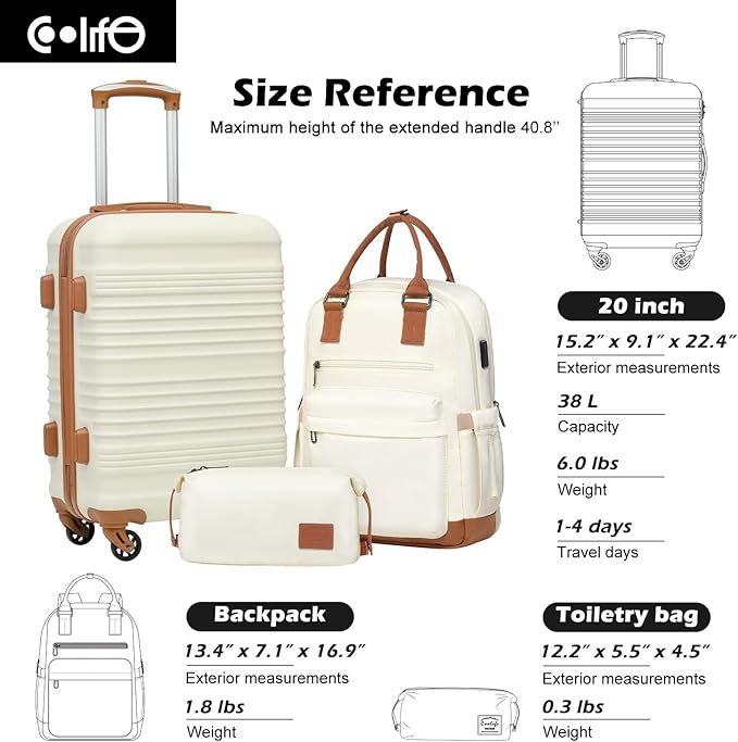 Coolife Luggage Set 3 Piece Luggage Set Carry On Suitcase Hardside Luggage with TSA Lock Spinner Wheels(White, 3 piece set (BP/TB/20))
