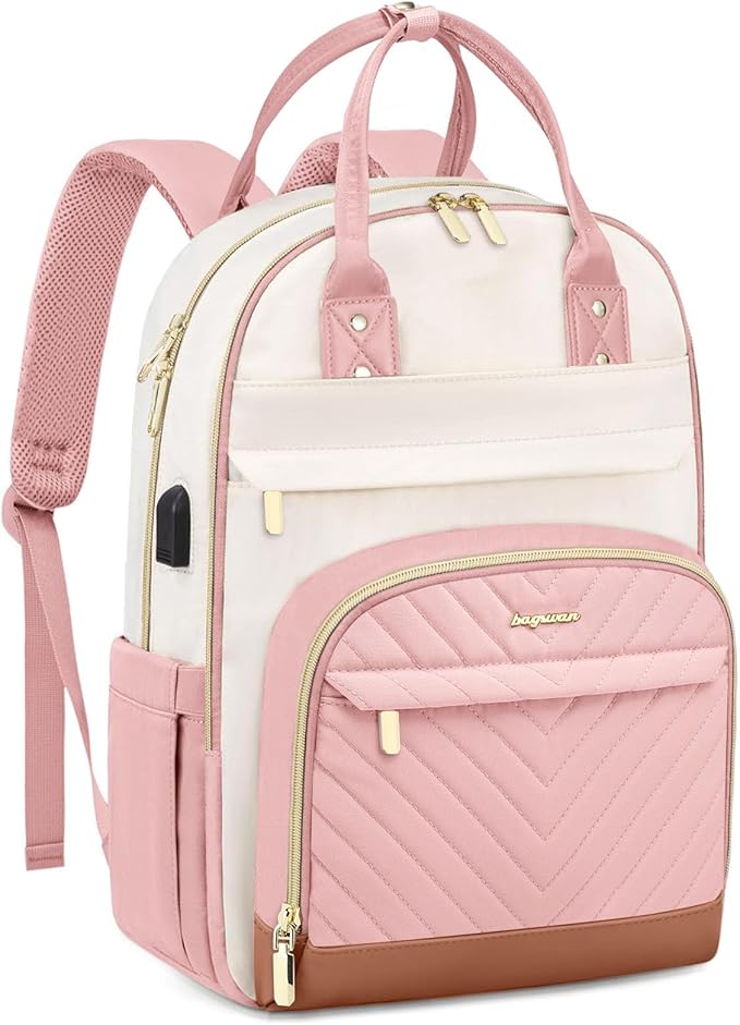 Laptop Backpack for Women Work Bag - 15.6 inch Travel Backpack Purse with USB Charger College Bookbag Waterproof Cute Casual Daypack Fashion Business Computer Backpacks for Teacher Nurse Pink Beige