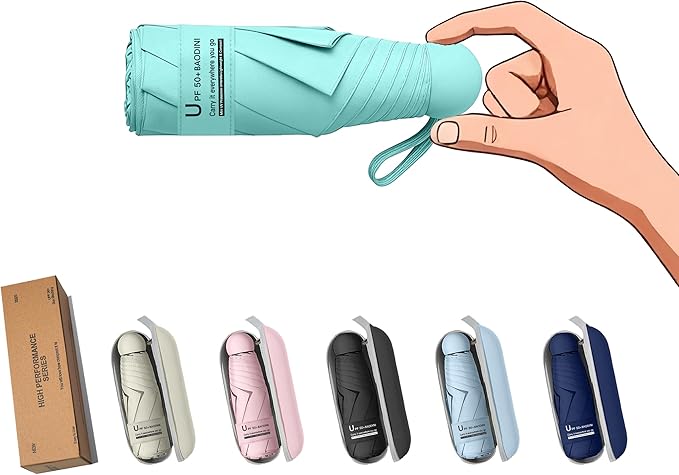 BAODINI Travel Essentials Mini Umbrella for Purse With Case Small Compact UV Sun Protection Lightweight Tiny Pocket Manual Open Close Umbrella for Women Kids and Men Fits Purse Backpack
