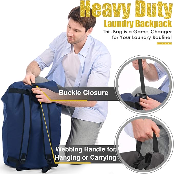 Backpack Laundry Bag, 115L Heavy Duty Extra Large College Laundry Backpack, Dirty Clothes Bag with Shoulder Straps, Laundry Hamper Bag with Drawstring Closure for College Dorm, Apartment Dark blue