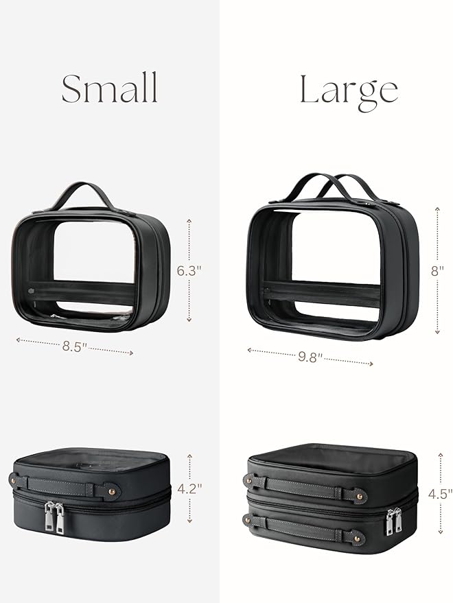 Clear Cosmetic Bag Double Layer Travel Toiletry Bag Clear Makeup Bag Case with 4 Compartments, Transparent Travel Bag for Toiletries, Large Toiletry Bag for Women Cosmetic Case (Black, Small)