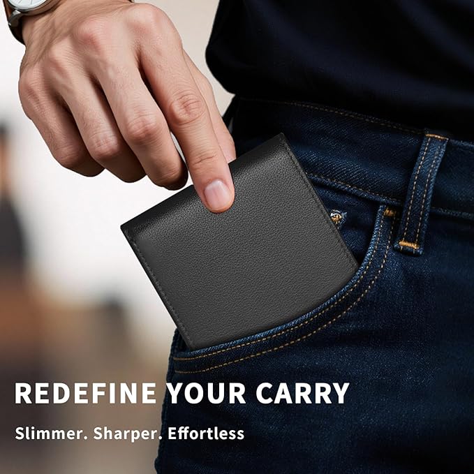 Mens Wallet - Genuine Leather Bifold RFID Blocking Slim Front Pocket Large Capacity with 10 Card Slots, 2 ID Windows & 2 Cash Pockets - Heavy Duty Stitched Gift for Men (Black)