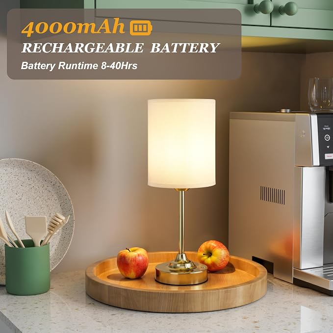 Touch Control Cordlss Table Lamp, USB-C Rechargeable Lamp with Stepless Dimming, 4000mAh Battery Operated Vintage Bedside Lamp for Bedroom, Living Room, Night Light & Emergency Lighting, Brass, 2 Pack