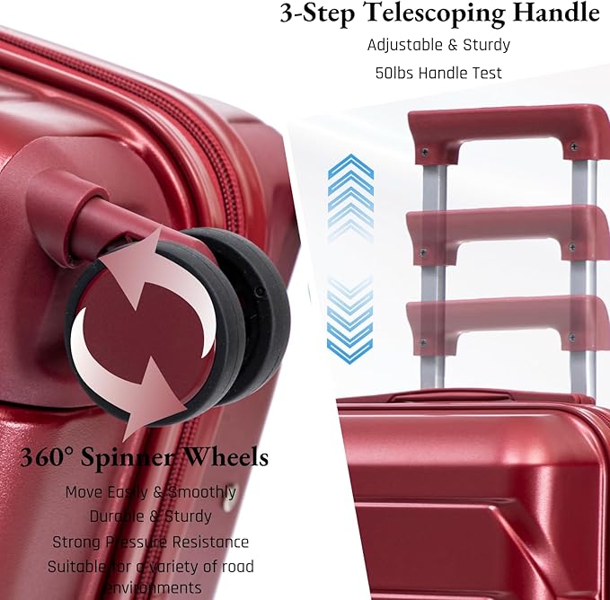 2-Piece ABS Hard Shell Lightweight Carry-On Luggage Set (14" & 20"), 360-Degree Spinner Wheels, Adjustable Telescopic Handle and Combination Lock for Travel, Wine Red
