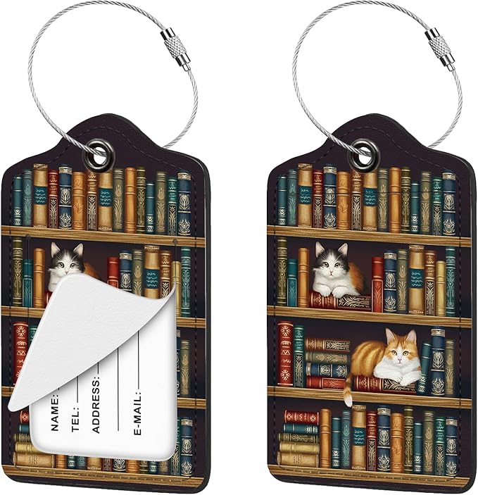 2 Pcs Luggage Tag for Suitcases, Goth Bookshelf Cat PU Leather Suitcase Tag Privacy Cover ID Label with Metal Loop, Personalized Baggage Identifier for Women Cruise Bag Travel Essentials