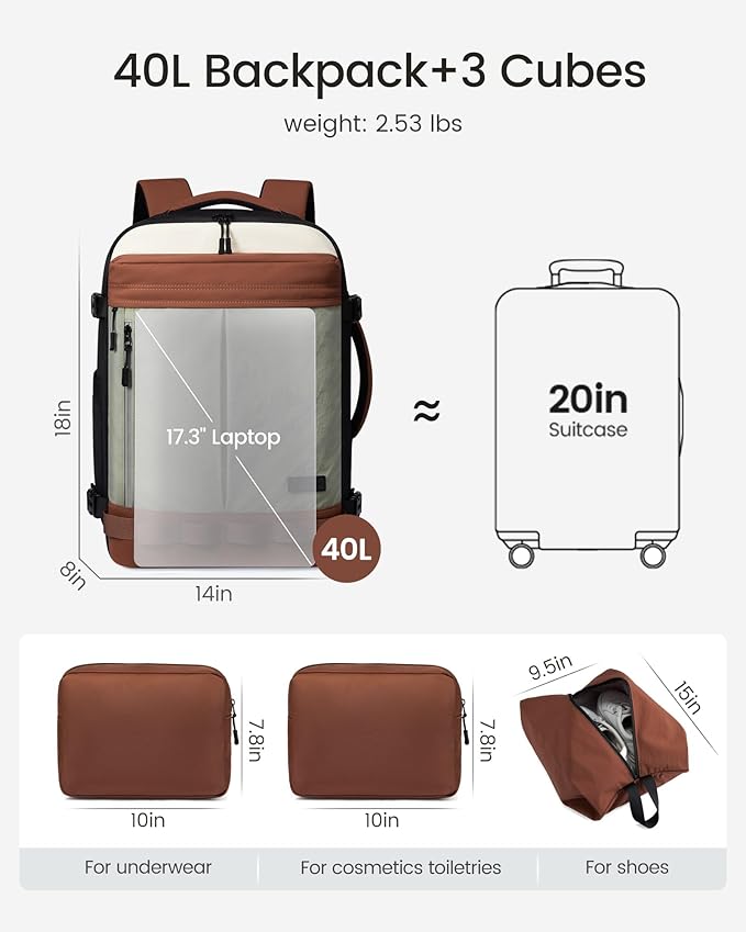 LOVEVOOK 40L Travel Backpack for Women Men, Airline Approved Carry On Luggage with 3 Cubes Accessories, TSA Personal Item Travel Cruise Essentials, Waterproof Weekender Overnight Bags fits 17" Laptop