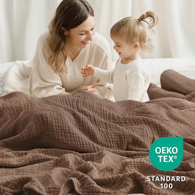 100% Cotton Muslin Blanket Queen 90" x 90", Breathable and Lightweight Cotton Throw Blankets for Bed, Soft Cooling Summer Gauze Blanket for Adults All Season, Tan
