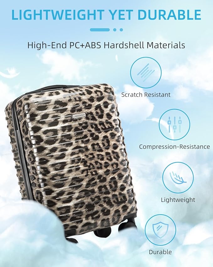 LARVENDER Carry on Luggage 22x14x9 Airline Approved, Expandable 20 Inch Hardside Suitcase with Wheels TSA Lock, PC+ABS Lightweight Carry on Suitcases for Women, Cheetah Print (20/DB/TB)