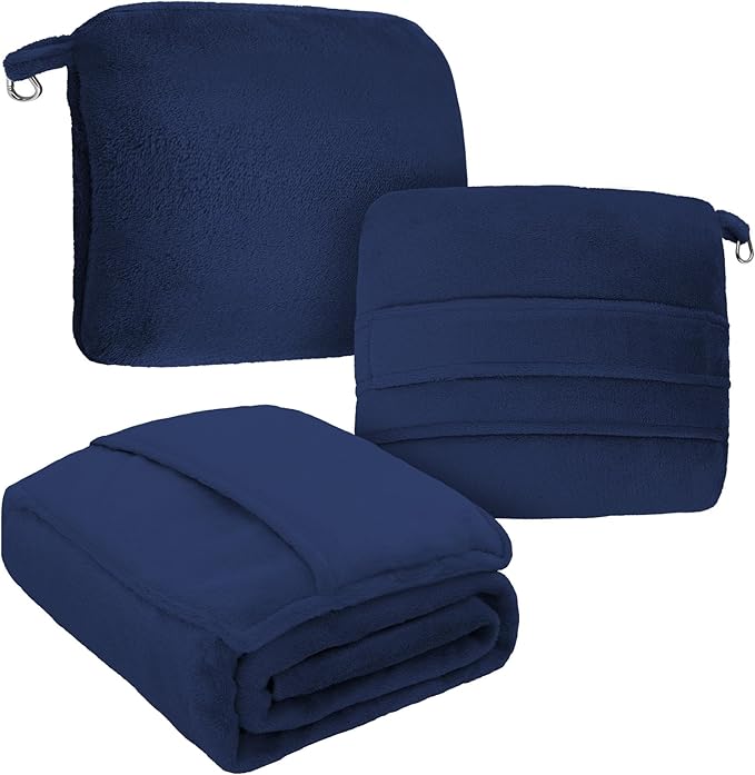 DEZ FURNISHINGS 4-in-1 Travel Compact Blanket Pillow Super Soft Velvet with Luggage Sleeve and Backpack Clip, Navy, 60" x 45"