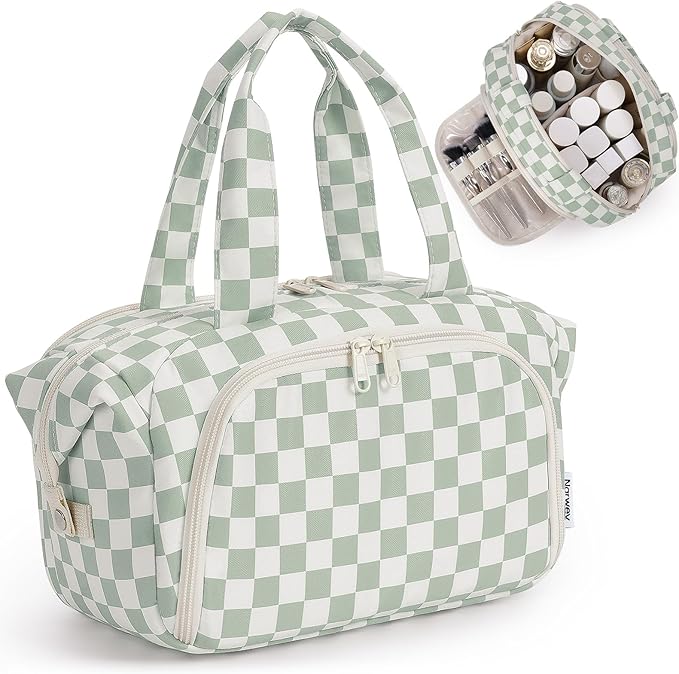 Narwey Travel Toiletry Bag for Women, Checkered Large Makeup Bag, Wide Open Cosmetic Make Up Organizer with Handle, Wet Pocket for Towel, Travel Bag for Toiletries, Brushes, Essentials (Green Checker)
