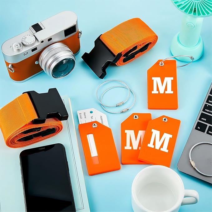 Weewooday 8 Pcs Luggage Straps Suitcase Tags Set for TSA Approved, 4 Travel Adjustable Suitcase Belt, 4 Silicone Luggage Tags with Name ID Card Travel Accessories(Light Orange,M)