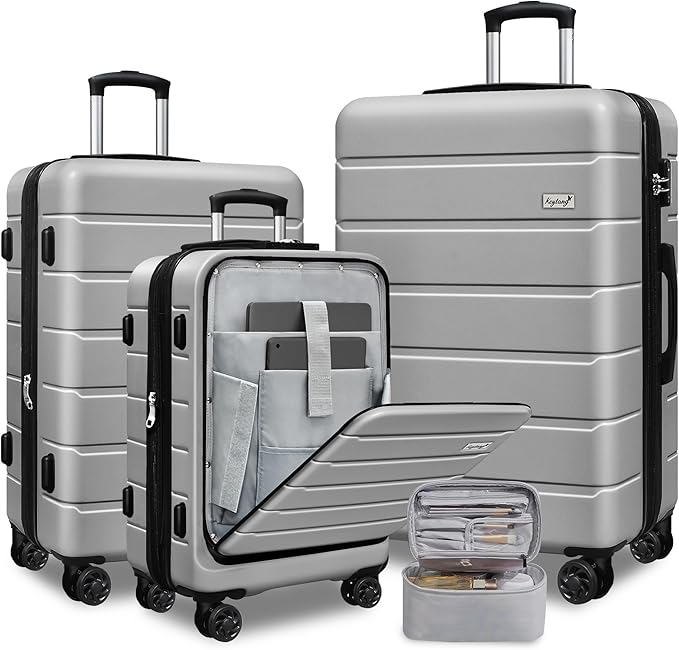 SmileLine 3-Piece Luggage Set Lightweight Hardside Suitcase TSA Lock Spinner Wheels, 20" Expandable Carry-On Luggage with Quick Access Front Open Pocket, Bonus Makeup Bag,Silver