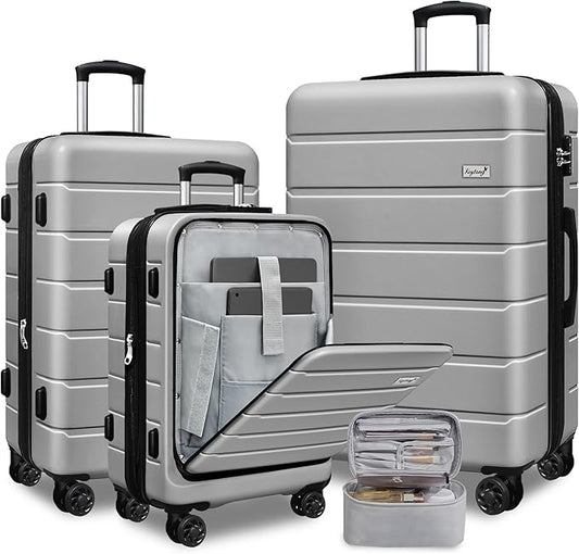 SmileLine 3-Piece Luggage Set Lightweight Hardside Suitcase TSA Lock Spinner Wheels, 20" Expandable Carry-On Luggage with Quick Access Front Open Pocket, Bonus Makeup Bag,Silver