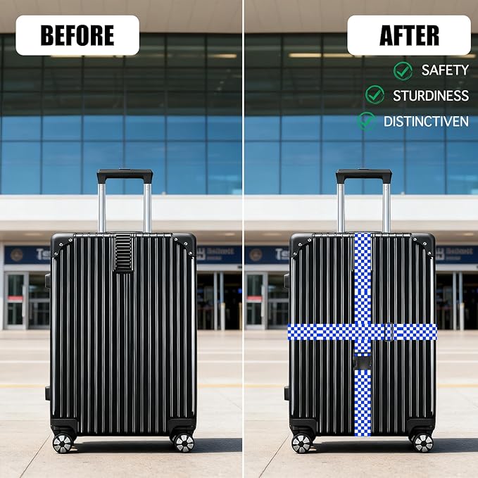 Nuxovilar Luggage Straps of 2 Set Blue White Checkered Pattern, 1.96x90.5 inches - Luggage Straps for Suitcases, Ideal for Sea Trips, Casual Trips, Daily Use