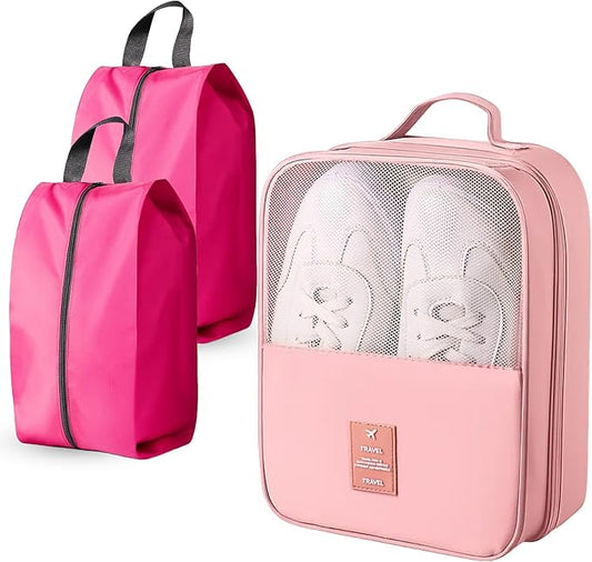 Shoe Bags for Travel Holds 3 Pair of Shoes, Shoe Storage Pouch with 2 Pack Portable Bags, Waterproof & Washable, Pink