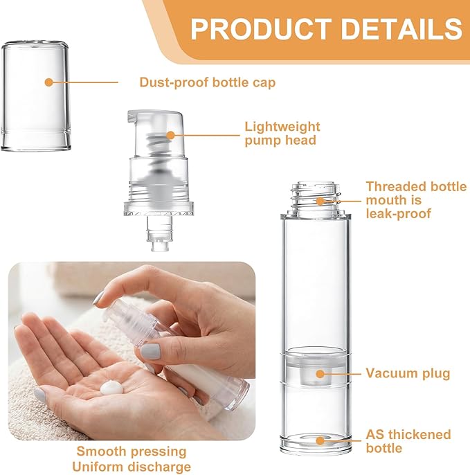 6pcs Airless Travel Pump Bottle, Empty Refillable Vacuum Pump Bottle, 5ml 10ml 15ml Plastic Press Lotion Travel Container for DIY Cosmetic Foundation Toiletries- Clear