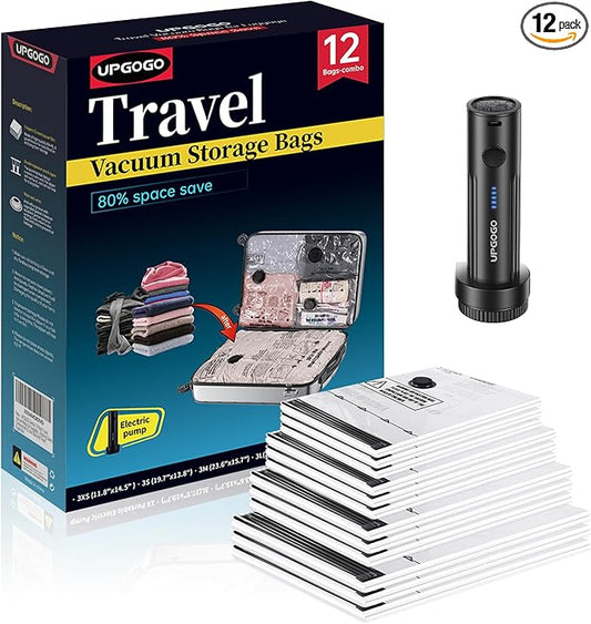 Travel Vacuum Bags for Luggage with Portable Electric Pump,Vacuum Seal Bags for Clothing,Packing Cubes Compression,Cruise Ship and Travel Essentials(Combo 12 Pack)