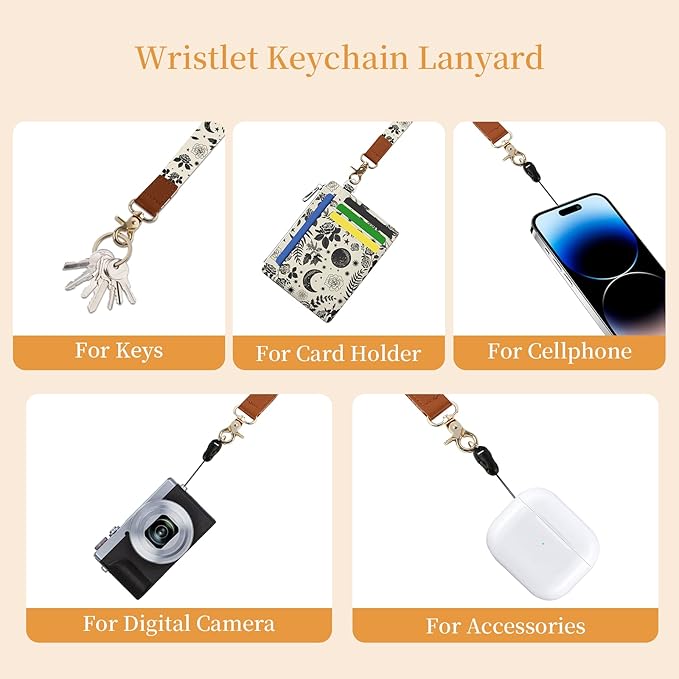 Hancynir Goth Moon Floral Slim Wallet Women Credit Card Holder, RFID Blocking Front Pocket Wallet Wristlet Keychain Lanyard, Small Cute Mini Card Case, Thin Travel Zipper Coin PU Leather Ladies Gifts