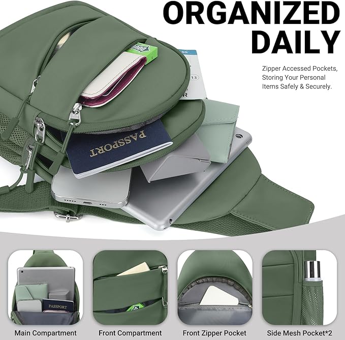 Tuwubi Crossbody Bags for Women, Sling Bag for Men, Small Hiking Backpack Anti Theft Lightweight for Outdoors Travel （L, Sage Green）
