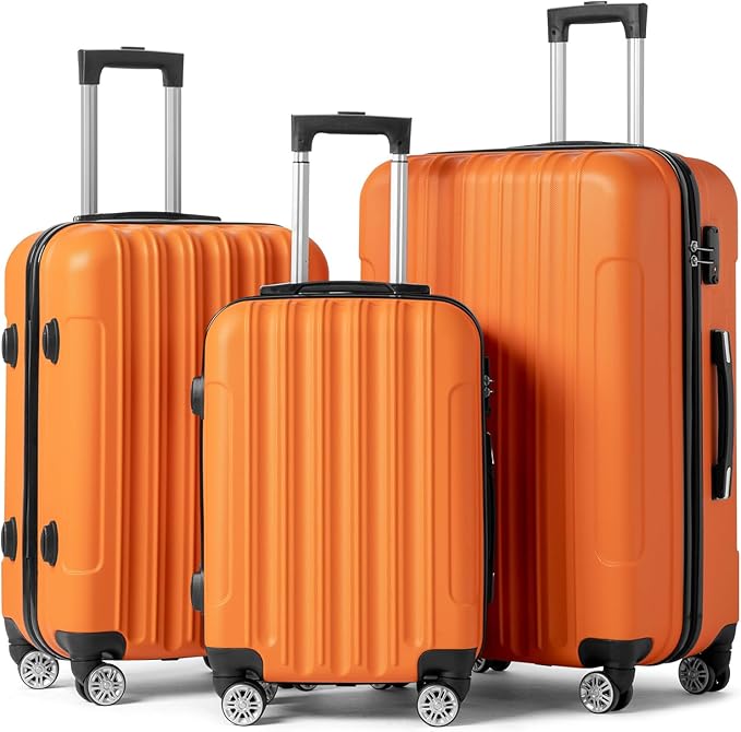 Karl home Luggage Set of 3 Hardside Carry on Suitcase Sets with Spinner Wheels & TSA lock, Portable Lightweight ABS Luggages for Travel, Business - Orange (20/24/28)