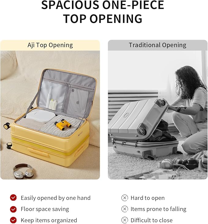 aji Expandable Top Opening 24 Inch Checked Luggage with Spinner Wheels, Large Suitcase with TSA Lock, Hard Shell Travel luggage Suitcases for Men Women, for 12+Days Travel, Cheese Yellow
