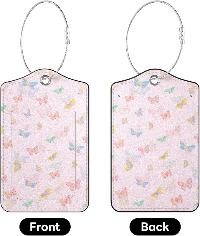 2 Pack PU Leather Luggage Tags for Suitcases, Privacy Protection Cover with Stainless Steel Loop and Address Card, Travel Cruise Essentials (Pink Butterfly)