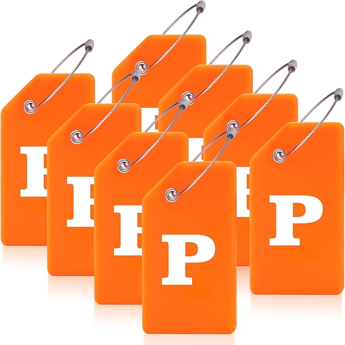 Gostwo 8 Pack Luggage Tags for Suitcases, 26 Initial Letter Travel Luggage Baggage Identification Labels ID Tags Fully Bendable Tags with Stainless Steel Loop (Letter P, Orange)