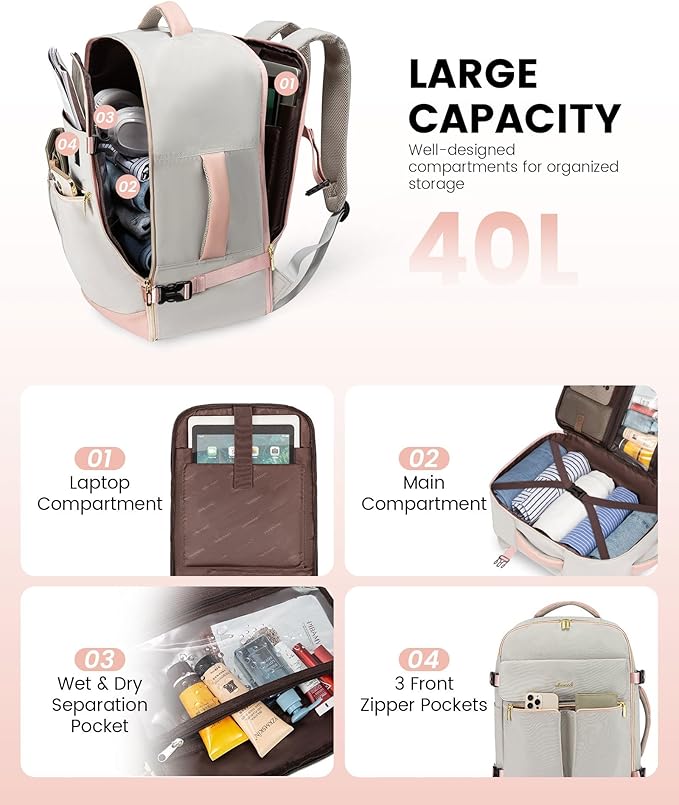 LOVEVOOK Carry On Backpack, 40L Travel Backpack Women with 3 Packing Cubes, TSA Airline Approved Suitcase Bag as Personal Item, Waterproof 17 inch Laptop Backpack for Weekender Overnight,Grey Pink