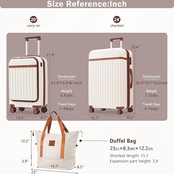 Merax Luggage Sets 3 Piece,Front Open Hardshell Expandable Suitcase with Spinner Wheels and Duffel Bags,Lightweight Carry on Luggage with USB Port,20/24IN,White and Brown