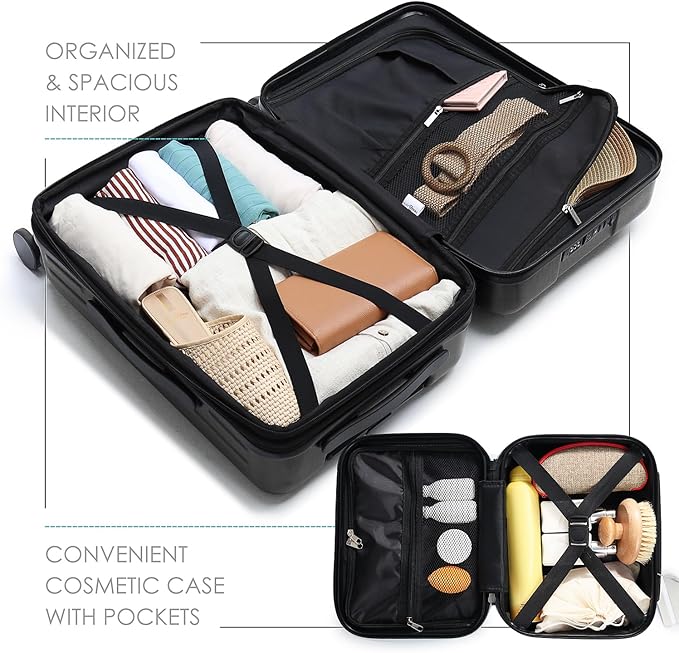 20 Inch Carry On Luggage 22x14x9 Airline Approved, Carry On Suitcase with Wheels, Hard-shell Carry-on Luggage, Durable Luggage Carry-On, Jet Black Small Suitcase with Cosmetic Case