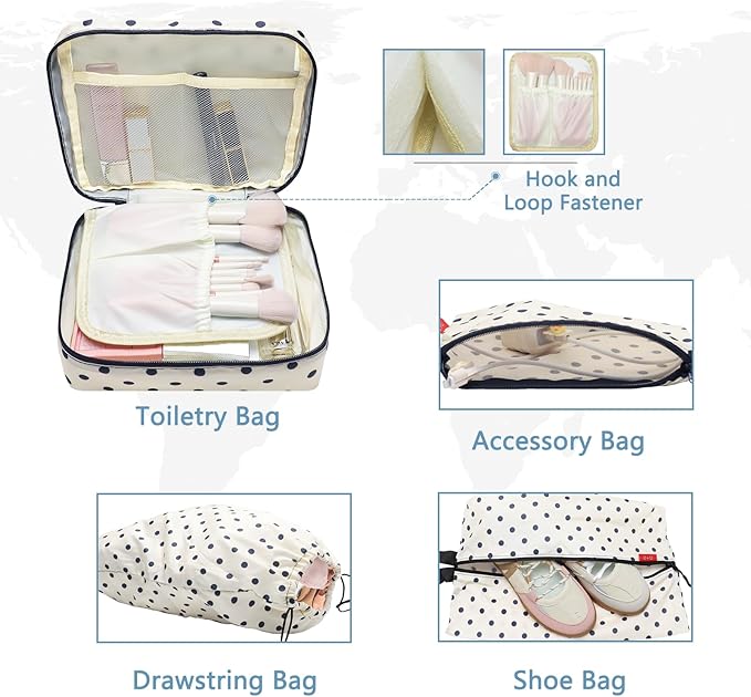 U+U 10 Set Compression Packing Cubes - Travel Organizers with Laundry Bag, Space-Saving Suitcase Organizer, Expandable Packing Organizers for Travel Essentials (Polka Dot)