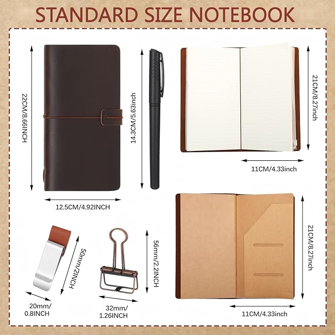 Thenshop Travelers Refillable Leather Journal Notebook Travel Diary Handmade Passport Travelers Journal for Men and Women with 3 Notebook Inserts, Pen Holder, Binder Clip(Dark Brown,Stand Size)