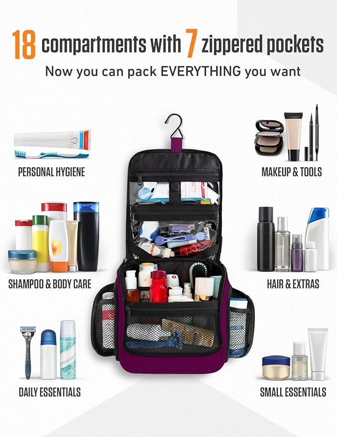 VENTURE 4TH Hanging Travel Toiletry Bag for Women & Men – Large Toiletry Organizer with 18 Compartments, Removable TSA Pouch, Travel Wash Bag for Toiletries, Makeup & Shaving Kit (Purple)