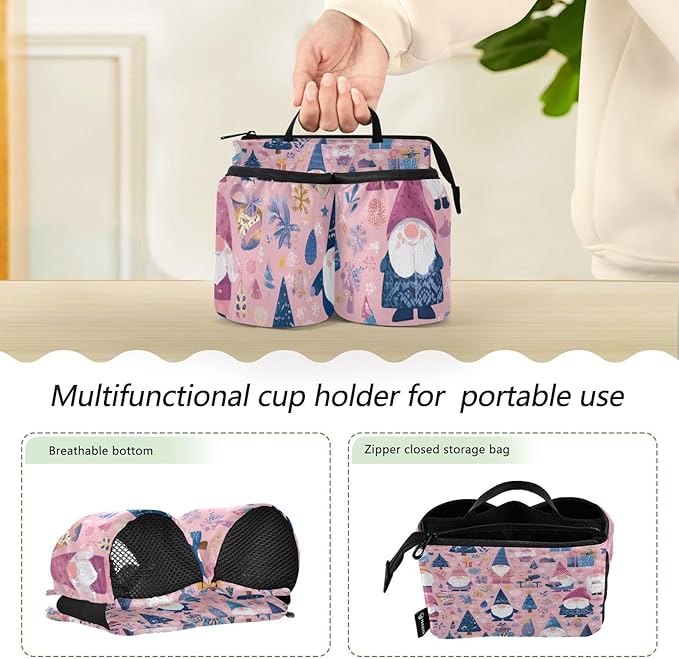Luggage Cup Holder for Suitcases Free Hands Travel Cup Holder Portable Suitcase Cup Drink Holder Luggage Cup Caddy Bag Carrier Pink Christmas Snowflakes Gnomes Trees