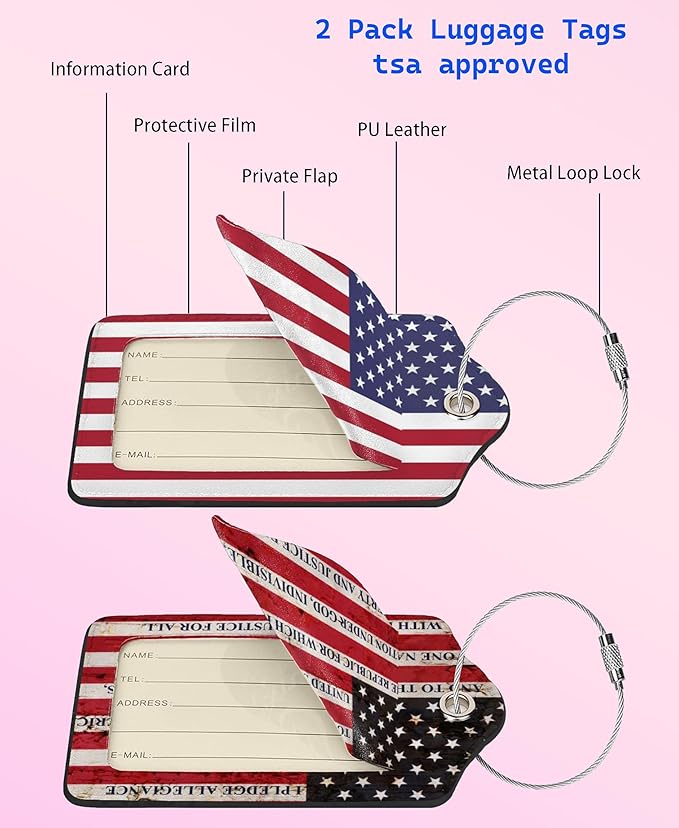 2P United States Unique American USA Flag Luggage Tags Privacy Cover ID Label with Stainless Steel Loop and Address Card for Travel Bag Suitcase Funny Cute Man Women Kids, 4.7x2.75