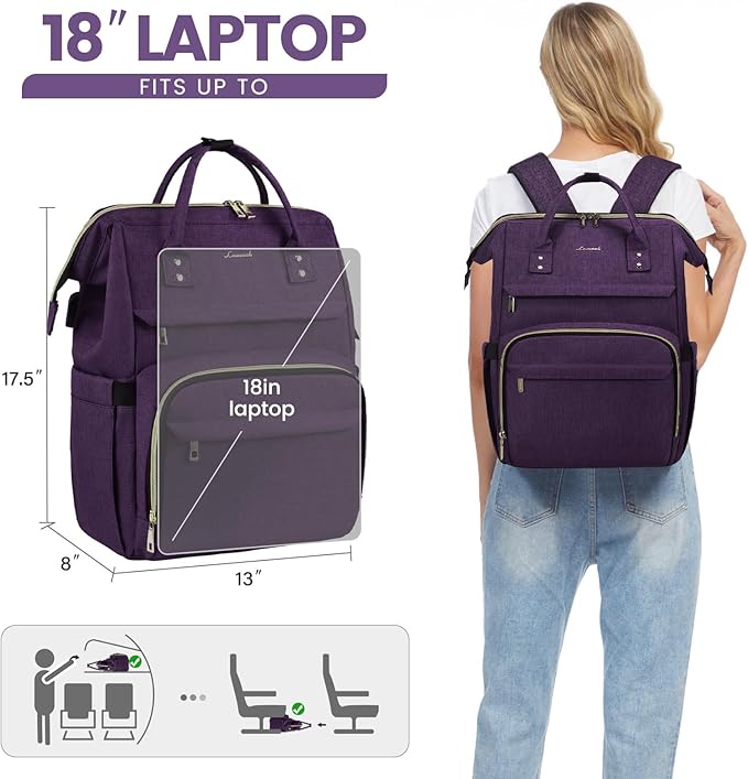 LOVEVOOK Laptop Backpack for Women,18 Inch Professional Womens Travel Backpack Purse Computer Laptop Bag Nurse Teacher Backpack,Waterproof Work Bags Carry on Back Pack with USB Port,Dark Purple