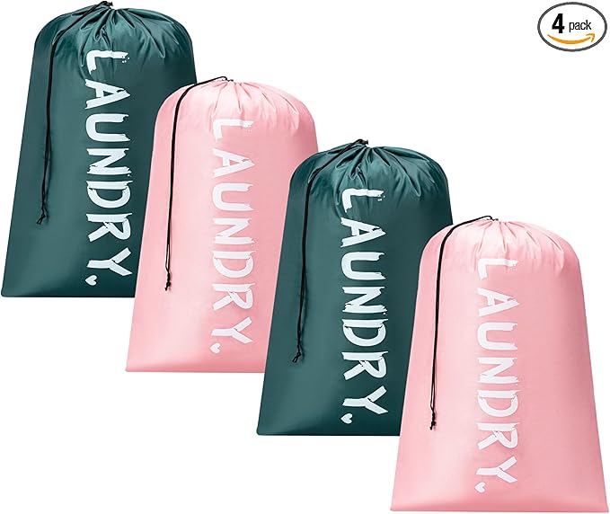 4 Pack XL Travel Laundry Bag, Machine Washable Dirty Clothes Organizer with Drawstring,Large Enough to Hold 4 Loads of Laundry, Easy Fit a Laundry Hamper or Basket Travel Essentials 24" x 36"