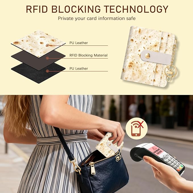 Jogjam Funny Taco Lover Burrito Tortilla Rfid Women Wallet, Small Slim Thin Compact Credit Card Wallet, PU Leather Bifold Cash Wallet, Zipper Coin Pocket ID Window, Girls Girly Teens Gifts