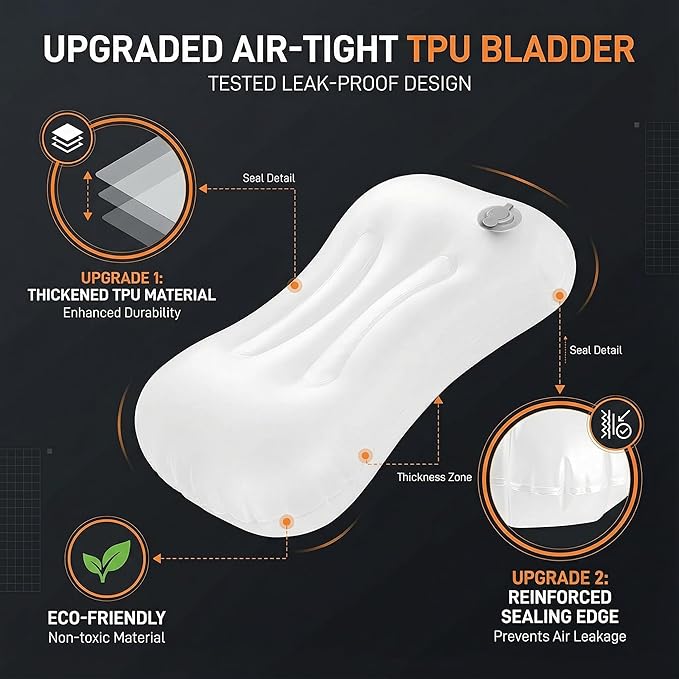 Inflatable Camping Pillow - Ultralight Compact Air Pillow for Travel, Backpacking & Hiking - Ergonomic Neck & Lumbar Support - Portable Inflatable Pillow with Removable Washable Cover - (Orange)