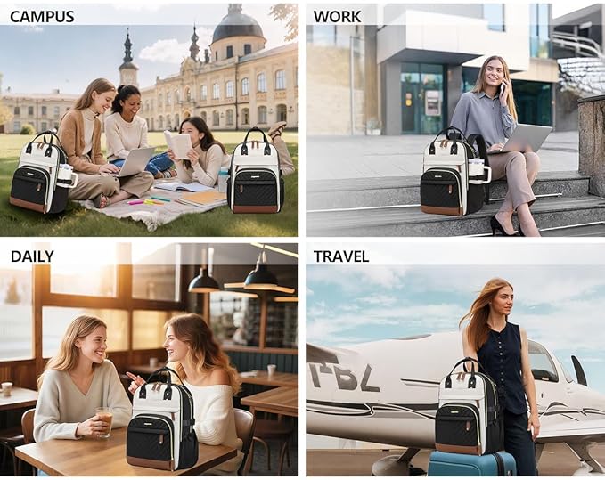 Laptop Backpack for Women Travel Backpacks - 15.6 Inch Laptop Computer Bag with Pouch Pocket Large Capacity Cup Purse Work Business Back pack College Teacher Bags Beige Black Brown