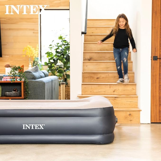 Intex 64135ED Dura-Beam Plus Deluxe Pillow: Fiber-Tech – Queen Size – Built-in Electric Pump – 16.5in Bed Height – 600lb Weight Capacity