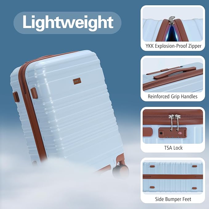 20 Inch Carry on Luggage 22x14x9 Airline Approved Blue PC Hardside YKK ZipperedDouble Spinner Wheels Lightweight Suitcase TSA Lock Travel for Men and Women