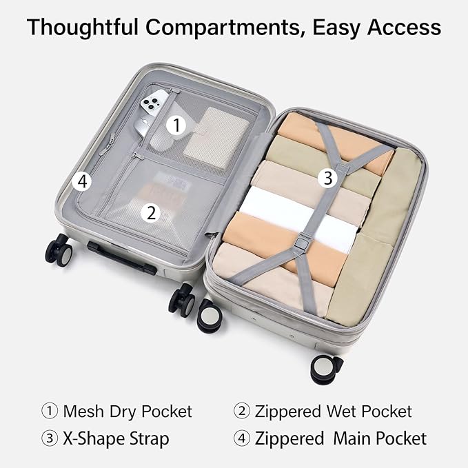 Hanke Expandable Carry On Luggage 22x14x9 Airline Approved, 20 Inch Hardside Luggage with Spinner Wheels, All-PC Hard Shell Carry-On Suitcase, Lightweight & TSA Approved (Smoke White, 46L)