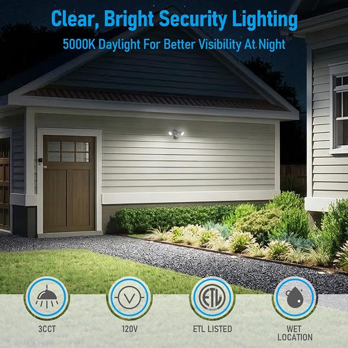 LEONLITE 3CCT Motion Sensor Security Lights Dusk to Dawn IP65 White | LED Motion Detector Flood Light Outdoor, 3000K4000K5000K Selectable, ETL Listed, Adjustable Heads, Aluminum, Waterproof