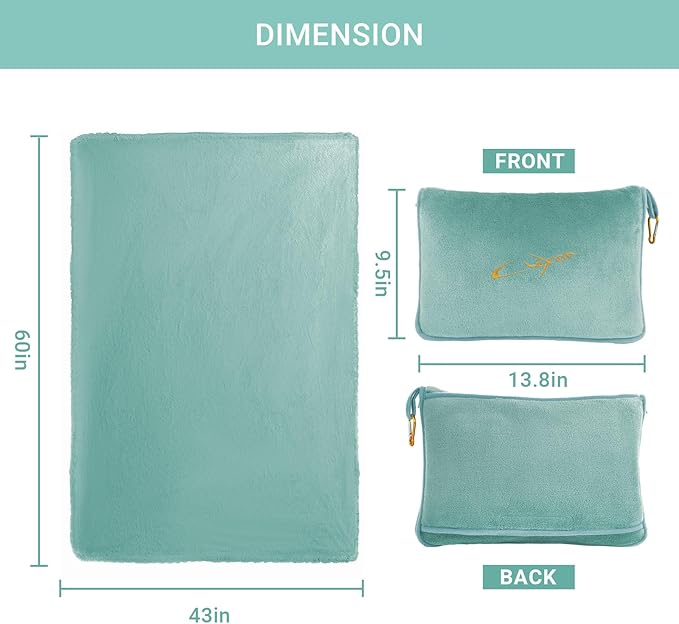 Travel Blanket & Pillow Set, 300 GSM Soft Fleece, 60x43 Inches, 3-in-1 Airplane Blanket, Travel Pillow and Blanket Set, Travel Blanket Airplane Compact with Bag, Travel Essentials,Mint Green