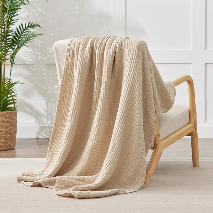 100% Cotton Muslin Blanket Queen 90" x 90", 6 Layers Breathable and Lightweight Cotton Throw Blanket for Bed, Soft Quilt Bedspread Coverlet, Gauze Blanket for Adults All Season, Beige Linen, Oatmeal
