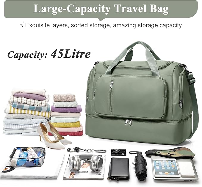 Travel Duffle Bag, Weekender Bags for Women,Carry On Overnight Personal Item Travel Bag with Shoes Compartment,Olive Green