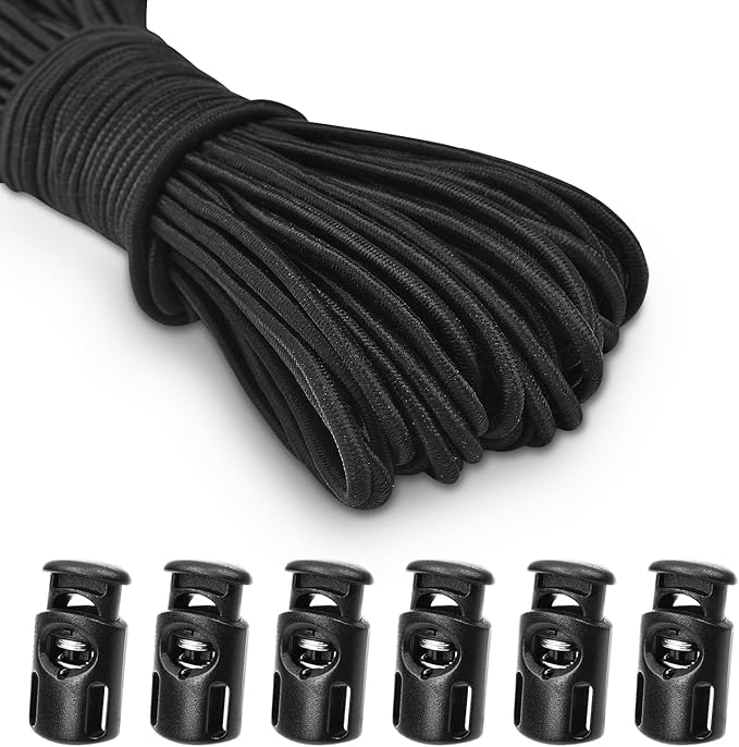 10 Meter 3mm(1/8Inch) Elastic Bungee Shock Cord Stretch String, 25 pcs Plastic Cord Locks Spring Toggle Stopper for Drawstring Backpack Shoelaces