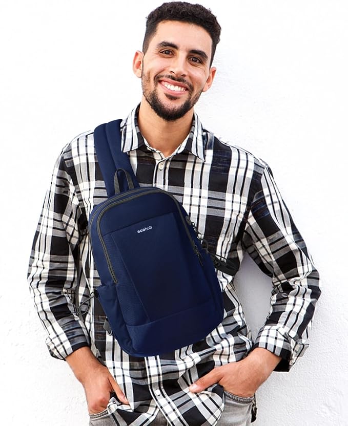 ECOHUB Anti-Theft Crossbody Bag Men Women, RFID Blocking Lightweight Sling Backpack Eco-Friendly with 9 Pockets Sturdy SBS Zippers Water Resistant for Travel Work Hiking Outdoor, Blue
